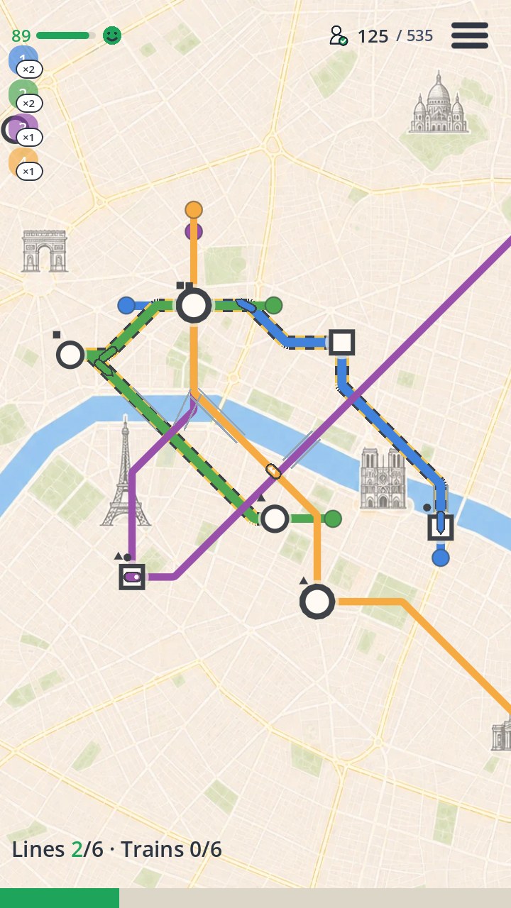 Paris on day 12 — four lines, one upgraded to Express in its black-and-yellow casing, and a network satisfaction of 88.
