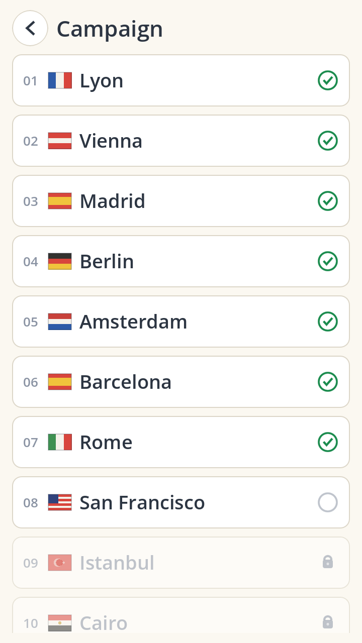 The campaign list — seven cities finished, the next one open, the rest still locked.