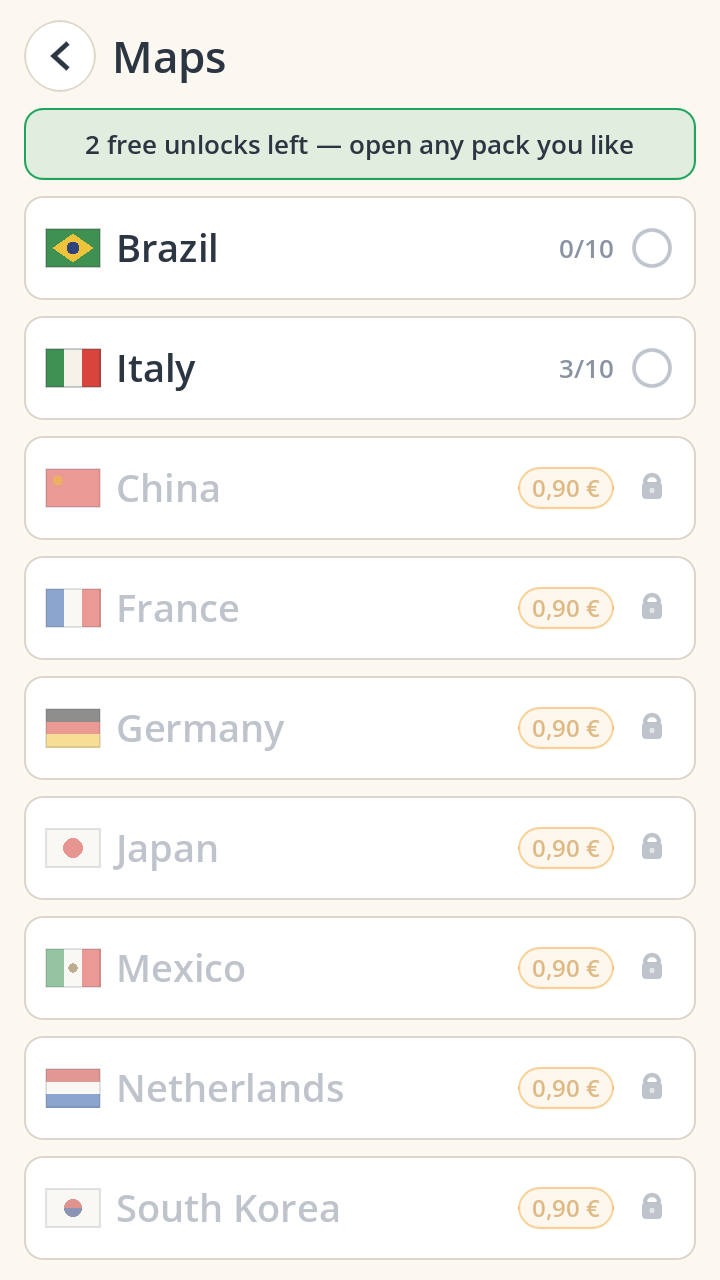 Maps packs — Brazil and Italy free from the start, the rest one tap from unlocking.