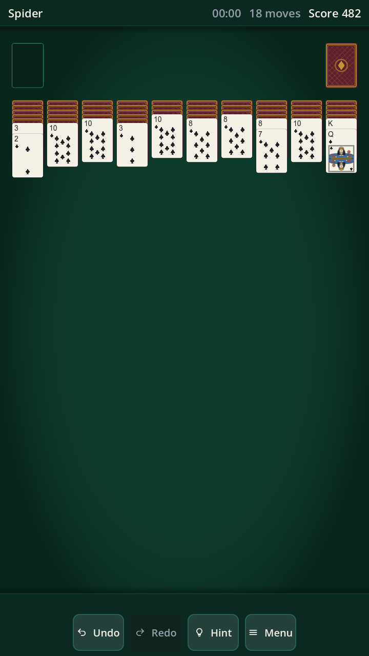 Spider — two decks dealt across ten columns.