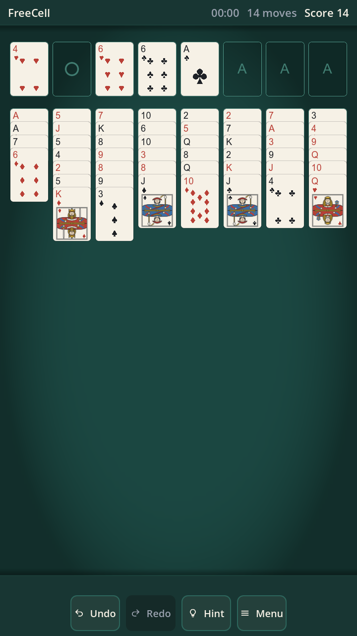 FreeCell — every card face-up from the deal, four free cells above.