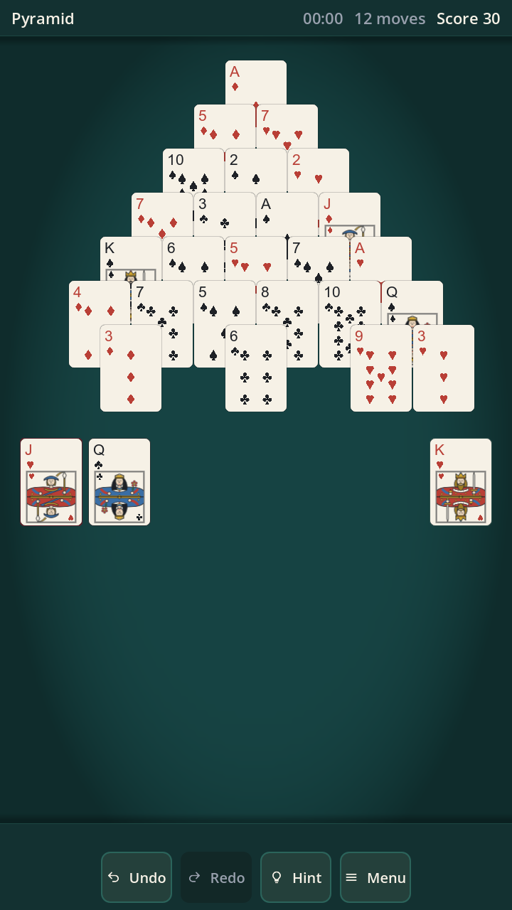 Pyramid — clear the pyramid by pairing exposed cards that sum to thirteen.