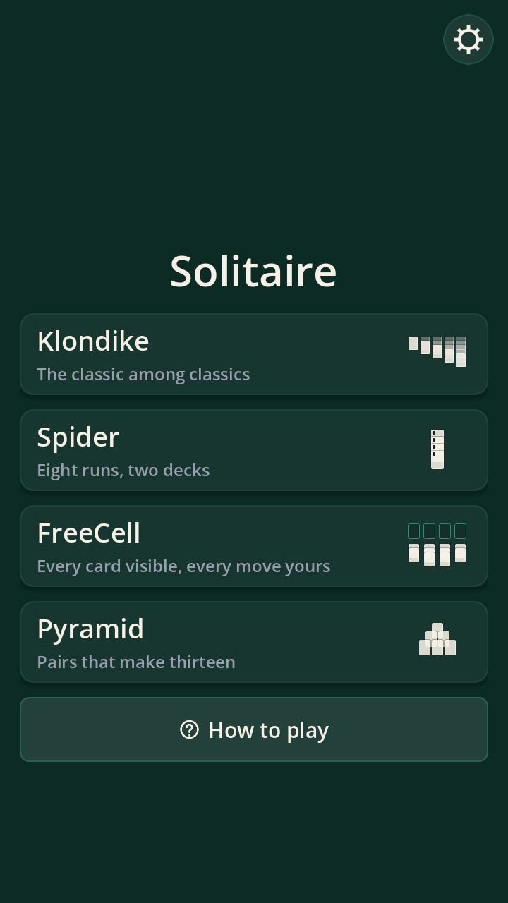 The menu — the four variants and the how-to-play guide.