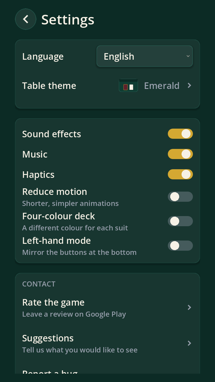 Settings — table theme, four-colour deck, reduced motion and left-hand mode.